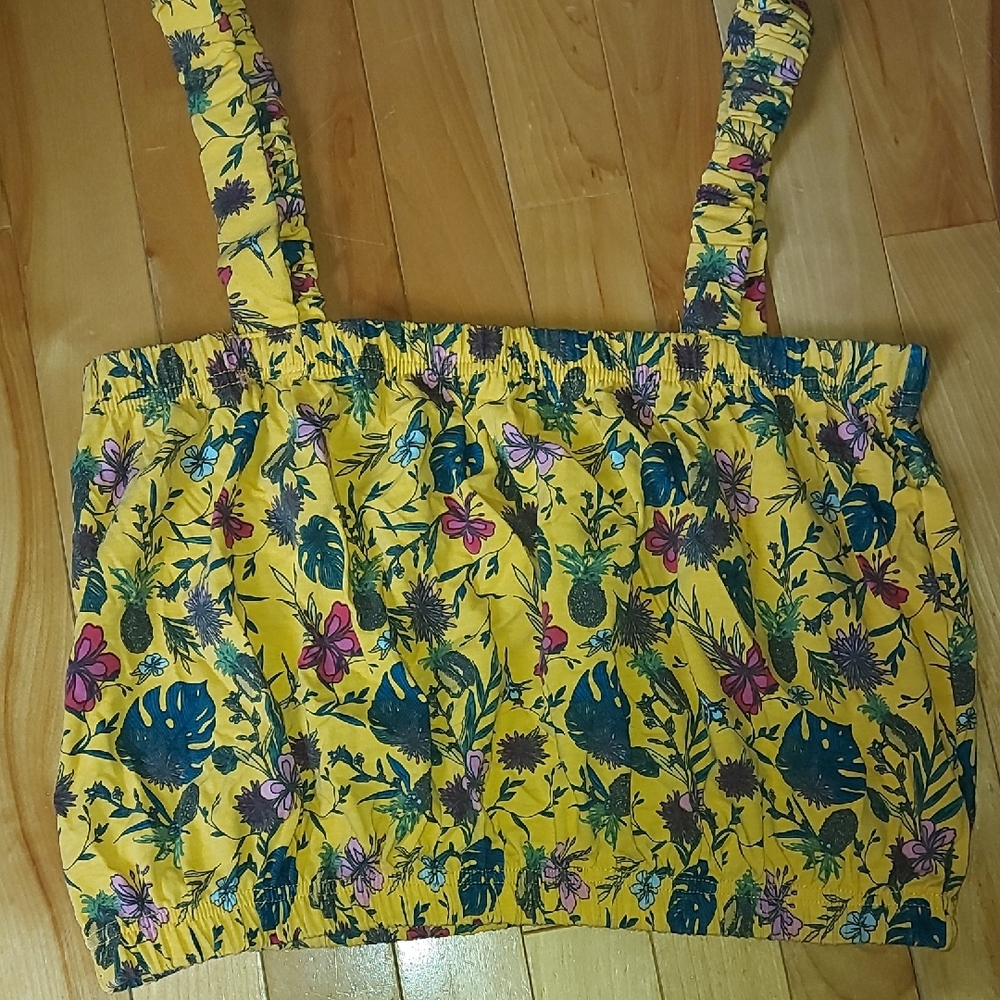 Blunotes | Golden Yellow Floral Smocked Crop Tank Top - Large